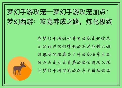 梦幻手游攻宠—梦幻手游攻宠加点：梦幻西游：攻宠养成之路，炼化极致神兽