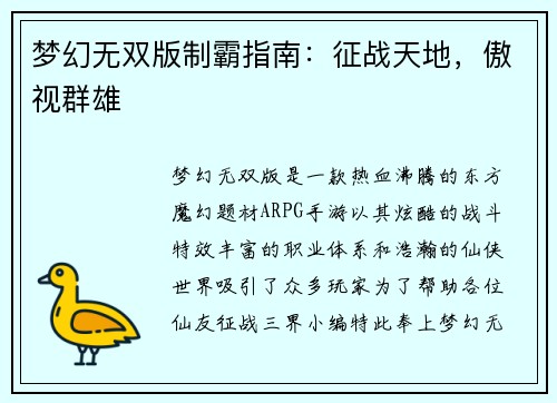 梦幻无双版制霸指南：征战天地，傲视群雄